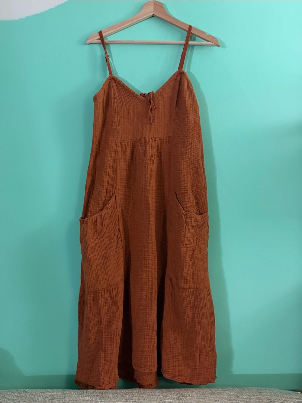 ZARA Rust Brown cotton gauze Maxi Dress with pockets Size S